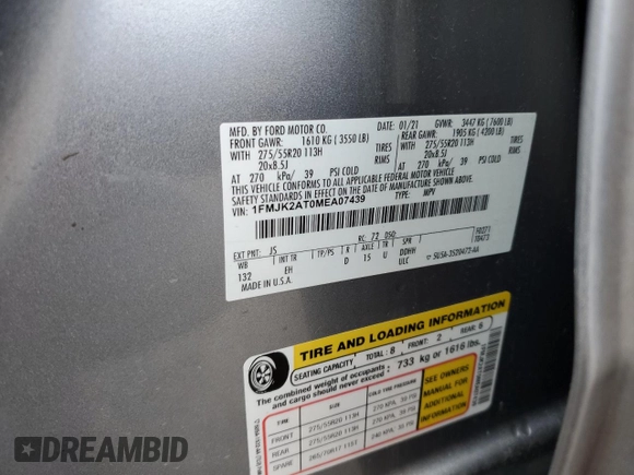 2021 Ford Expedition Max Limited с VIN 1FMJK2AT0MEA07439, выставлен на аукционе Copart как лот 48490725 с пробегом 83 027 миль миль и Списание • Salvage title. История ставок и продаж доступна на DreamBid. Изображение 13.