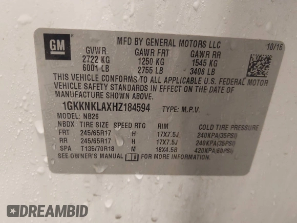 2017 GMC Acadia SLE with VIN 1GKKNKLAXHZ184594, listed as a IAAI auction lot 41501651 with 109,951 mi miles and . Bid and sale history available at DreamBid. Image 9.