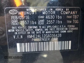 2016 Hyundai Sonata Hybrid SE with VIN KMHE24L12GA036428, listed as a Copart auction lot 48933603 with 58,947 mi miles. Bid and sale history available at carsss.com. Image 12.