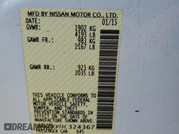 2015 Nissan LEAF SV with VIN 1N4AZ0CP7FC324367, listed as a Copart auction lot 75417783 with 47,839 mi miles. Bid and sale history available at carsss.com. Image 13.