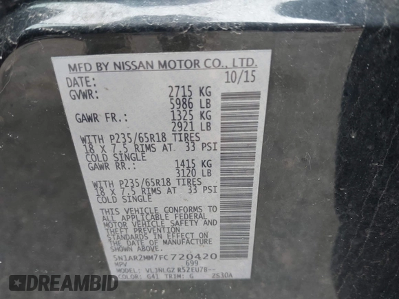 2015 Nissan Pathfinder SL с VIN 5N1AR2MM7FC720420, выставлен на аукционе IAAI как лот 42022278 с пробегом 145 261 миль миль и . История ставок и продаж доступна на DreamBid. Изображение 9.