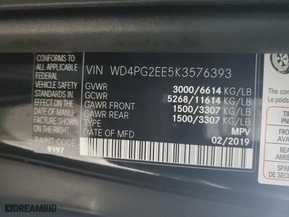 2019 Mercedes-Benz Metris Passenger Van with VIN WD4PG2EE5K3576393, listed as a Copart auction lot 86137904 with NaN miles and Salvage Title. Bid and sale history available at carsss.com. Image 13.