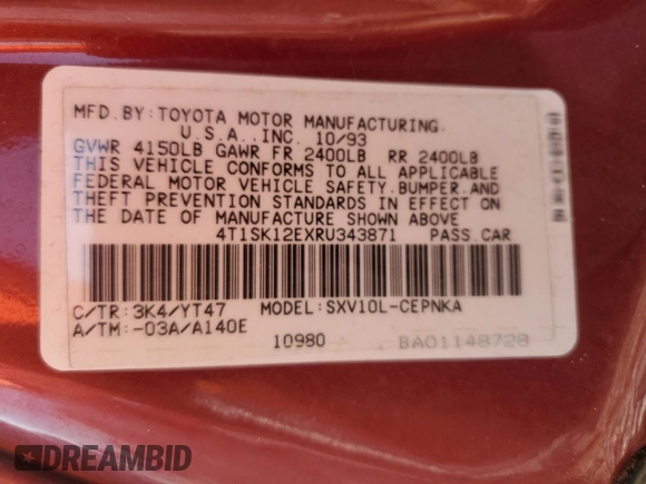 1994 Toyota Camry LE z VIN 4T1SK12EXRU343871, wystawiony jako Copart lot #58727235 z przebiegiem 75 995 mil mil oraz Czysty tytuł • Clean title. Historia ofert i sprzedaży dostępna na DreamBid. Obrazek 12.