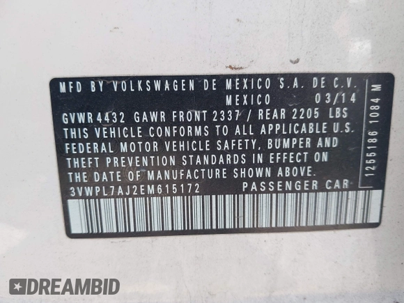 2014 Volkswagen Jetta TDI w/Sunroof & Nav with VIN 3VWPL7AJ2EM615172, listed as a IAAI auction lot 42809695 with 116,599 mi miles and . Bid and sale history available at DreamBid. Image 9.