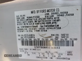 2005 Ford Mustang Deluxe with VIN 1ZVFT80N955168643, listed as a Copart auction lot 62854705 with 132,806 mi miles and Salvage title. Bid and sale history available at DreamBid. Image 12.