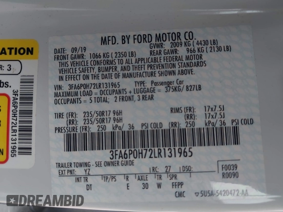 2020 Ford Fusion SE with VIN 3FA6P0H72LR131965, listed as a IAAI auction lot 41103182 with 36,284 mi miles. Bid and sale history available at carsss.com. Image 9.
