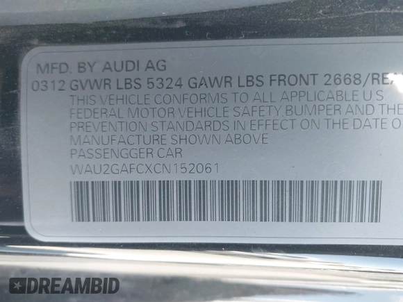 2012 Audi A7 Prestige with VIN WAU2GAFCXCN152061, listed as a IAAI auction lot 42292222 with 227,030 mi miles and . Bid and sale history available at DreamBid. Image 9.