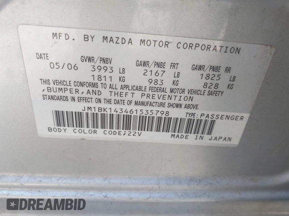 2006 Mazda 3 s z VIN JM1BK143461535798, wystawiony jako IAAI lot #42578798 z przebiegiem 160 372 mil mil oraz . Historia ofert i sprzedaży dostępna na DreamBid. Obrazek 9.