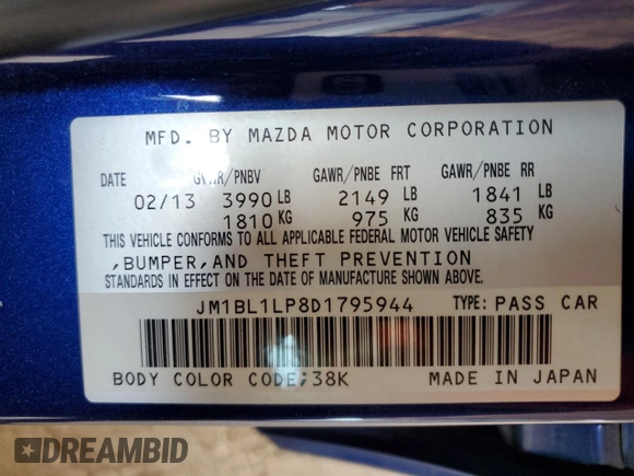 2013 Mazda 3 i Touring with VIN JM1BL1LP8D1795944, listed as a Copart auction lot 60702835 with 117,959 mi miles and Salvage title. Bid and sale history available at DreamBid. Image 12.