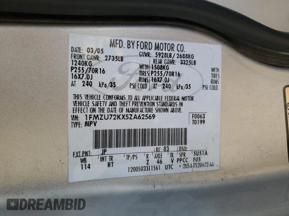 2005 Ford Explorer XLS with VIN 1FMZU72KX5ZA62569, listed as a Copart auction lot 86508204 with 116,241 mi miles and Salvage title. Bid and sale history available at DreamBid. Image 15.