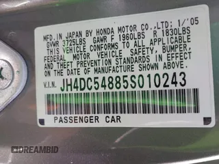 2005 Acura RSX with VIN JH4DC54885S010243, listed as a IAAI auction lot 42098465 with 126,501 mi miles. Bid and sale history available at carsss.com. Image 9.