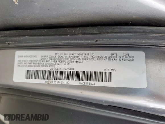 2009 Subaru Outback Special Edition z VIN 4S4BP61C797338009, wystawiony jako Copart lot #54875295 z przebiegiem 142 942 mil mil oraz Szkoda całkowita • Salvage title. Historia ofert i sprzedaży dostępna na DreamBid. Obrazek 12.