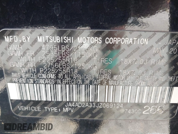 2018 Mitsubishi Outlander ES z VIN JA4AD2A33JZ069124, wystawiony jako IAAI lot #42299519 z przebiegiem 200 805 mil mil oraz . Historia ofert i sprzedaży dostępna na DreamBid. Obrazek 9.