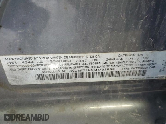2006 Volkswagen Jetta 2.5L with VIN 3VWSF71K56M783559, listed as a Copart auction lot 48815365 with 185,353 mi miles and Salvage title. Bid and sale history available at DreamBid. Image 12.