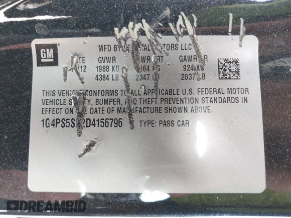 2013 Buick Verano Leather Group with VIN 1G4PS5SK2D4156796, listed as a IAAI auction lot 41721341 with 104,207 mi miles. Bid and sale history available at carsss.com. Image 9.
