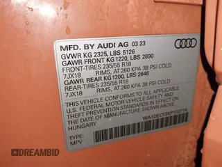 2023 Audi Q3 S line Premium z VIN WA1DECF3XP1112714, wystawiony jako IAAI lot #41918405 z przebiegiem 30 969 mil mil oraz . Historia ofert i sprzedaży dostępna na DreamBid. Obrazek 9.