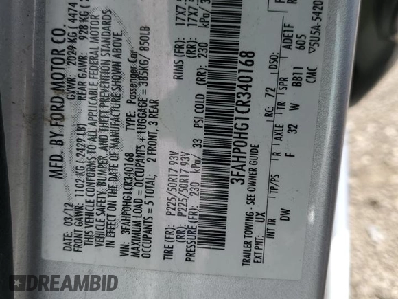 2012 Ford Fusion SE with VIN 3FAHP0HG1CR340168, listed as a Copart auction lot 52154405 with 167,850 mi miles and Salvage Title. Bid and sale history available at DreamBid. Image 12.