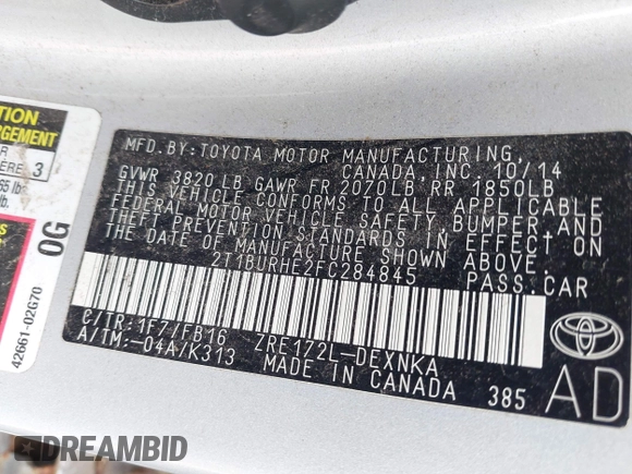 2015 Toyota Corolla L z VIN 2T1BURHE2FC284845, wystawiony jako IAAI lot #42371864 z przebiegiem 133 098 mil mil oraz . Historia ofert i sprzedaży dostępna na DreamBid. Obrazek 9.