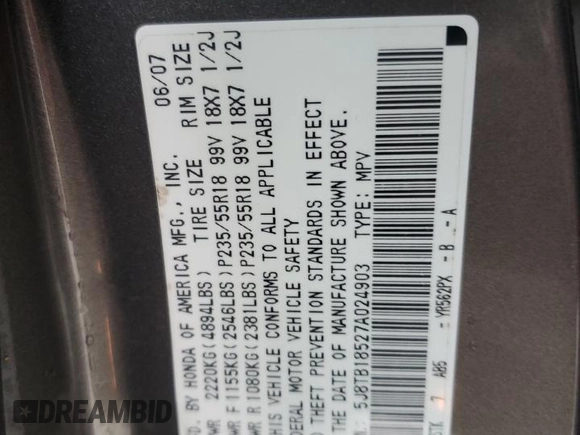 2007 Acura RDX Tech Pkg with VIN 5J8TB18527A024903, listed as a Copart auction lot 45303425 with 138,011 mi miles and Salvage Title. Bid and sale history available at carsss.com. Image 15.