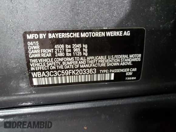 2015 BMW 3 Series 320i xDrive with VIN WBA3C3C59FK203363, listed as a Copart auction lot 43968095 with 99,468 mi miles and Salvage Title. Bid and sale history available at carsss.com. Image 13.