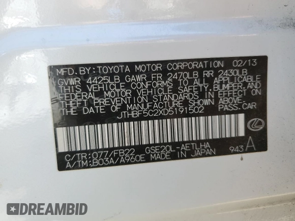 2013 Lexus IS 250 with VIN JTHBF5C2XD5191502, listed as a Copart auction lot 58198485 with 126,468 mi miles and Clean title. Bid and sale history available at DreamBid. Image 12.