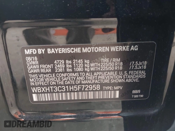 2017 BMW X1 xDrive28i with VIN WBXHT3C31H5F72958, listed as a IAAI auction lot 41782257 with 134,829 mi miles. Bid and sale history available at carsss.com. Image 9.