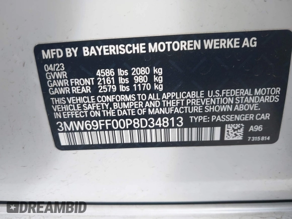 2023 BMW 3 Series 330i with VIN 3MW69FF00P8D34813, listed as a IAAI auction lot 41586136 with 20,048 mi miles. Bid and sale history available at carsss.com. Image 9.