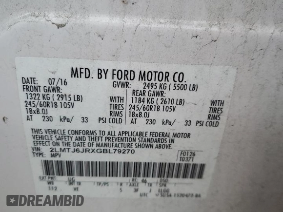 2016 Lincoln MKX Premiere with VIN 2LMTJ6JRXGBL79270, listed as a Copart auction lot 83731774 with 183,429 mi miles and Salvage Title. Bid and sale history available at carsss.com. Image 13.