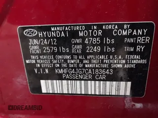 2012 Hyundai Azera z VIN KMHFG4JG7CA183643, wystawiony jako IAAI lot #42503232 z przebiegiem 180 485 mil mil oraz . Historia ofert i sprzedaży dostępna na DreamBid. Obrazek 9.