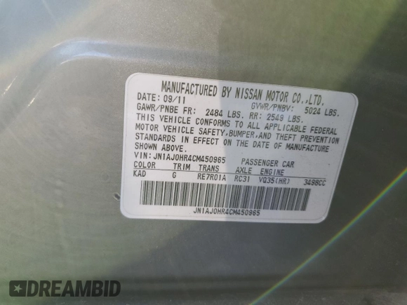 2012 Infiniti EX Journey with VIN JN1AJ0HR4CM450965, listed as a Copart auction lot 45657055 with 119,542 mi miles and Salvage title. Bid and sale history available at DreamBid. Image 12.