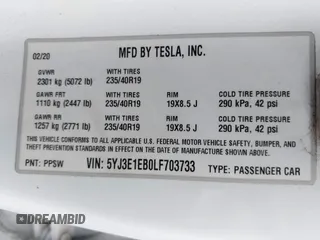 2020 Tesla Model 3 Long Range with VIN 5YJ3E1EB0LF703733, listed as a IAAI auction lot 41796732 with 75,027 mi miles. Bid and sale history available at carsss.com. Image 9.