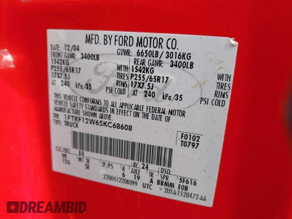2005 Ford F-150 XL with VIN 1FTRF12W65KC68608, listed as a IAAI auction lot 41917430 with Not provided miles and . Bid and sale history available at DreamBid. Image 9.