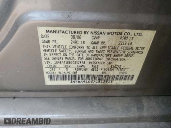 2007 Nissan Maxima SE z VIN 1N4BA41E67C812828, wystawiony jako Copart lot #59537265 z przebiegiem 106 987 mil mil oraz Szkoda całkowita • Salvage title. Historia ofert i sprzedaży dostępna na DreamBid. Obrazek 12.