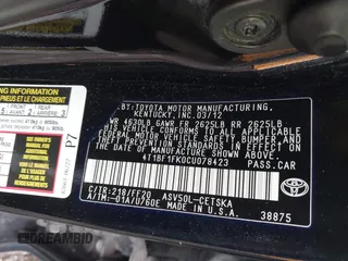 2012 Toyota Camry L with VIN 4T1BF1FK0CU078423, listed as a IAAI auction lot 42049768 with 999,999 mi miles. Bid and sale history available at carsss.com. Image 9.
