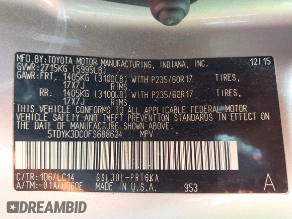 2015 Toyota Sienna XLE с VIN 5TDYK3DC0FS688624, выставлен на аукционе IAAI как лот 42252799 с пробегом 201 522 миль миль и . История ставок и продаж доступна на DreamBid. Изображение 9.