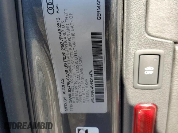2017 Audi A4 Season of Audi Premium with VIN WAUDNAF45HN047474, listed as a Copart auction lot 86834754 with 93,548 mi miles and Salvage Title. Bid and sale history available at carsss.com. Image 12.