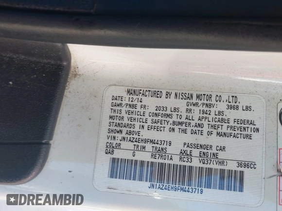 2015 Nissan 370Z Sport with VIN JN1AZ4EH9FM443719, listed as a IAAI auction lot 41677286 with 87,967 mi miles and . Bid and sale history available at DreamBid. Image 9.