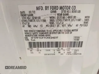 2012 Ford F-150 XL with VIN 1FTPF1CF7CKE24237, listed as a IAAI auction lot 40561779 with 185,152 mi miles and . Bid and sale history available at DreamBid. Image 9.