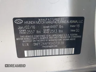 2016 Hyundai Sonata SE with VIN 5NPE24AF9GH373139, listed as a IAAI auction lot 41757308 with 103,699 mi miles and . Bid and sale history available at carsss.com. Image 9.