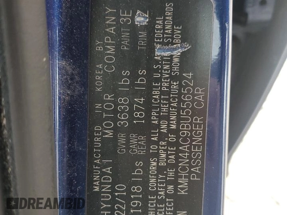 2011 Hyundai Accent GLS with VIN KMHCN4AC9BU556524, listed as a Copart auction lot 54990215 with 214,552 mi miles and Clean Title. Bid and sale history available at DreamBid. Image 12.