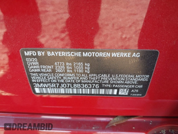 2020 BMW 3 Series 330i xDrive with VIN 3MW5R7J07L8B36376, listed as a IAAI auction lot 40719128 with 61,580 mi miles. Bid and sale history available at carsss.com. Image 9.