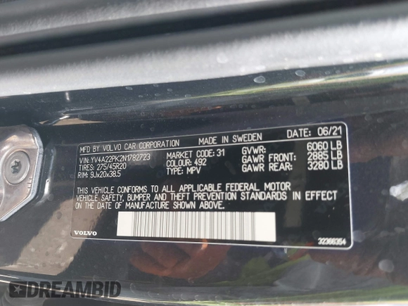 2022 Volvo XC90 Momentum with VIN YV4A22PK2N1782723, listed as a IAAI auction lot 42200122 with 26,528 mi miles and . Bid and sale history available at DreamBid. Image 9.