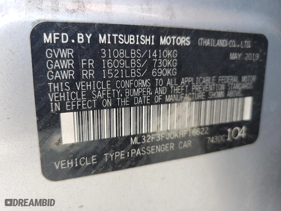2019 Mitsubishi Mirage G4 ES with VIN ML32F3FJ0KHF16622, listed as a Copart auction lot 61160784 with 115,490 mi miles and Salvage Title. Bid and sale history available at carsss.com. Image 12.