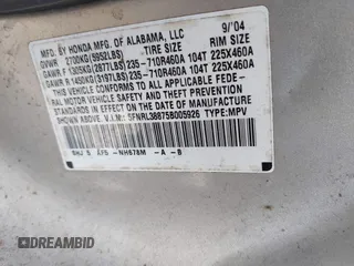 2005 Honda Odyssey TOURING with VIN 5FNRL38875B005926, listed as a IAAI auction lot 42007315 with 1 mi miles. Bid and sale history available at carsss.com. Image 9.