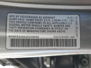 2002 Volkswagen Passat GLS with VIN WVWPD63B42P238060, listed as a Copart auction lot 89060265 with 192,701 mi miles and Salvage Title. Bid and sale history available at carsss.com. Image 14.