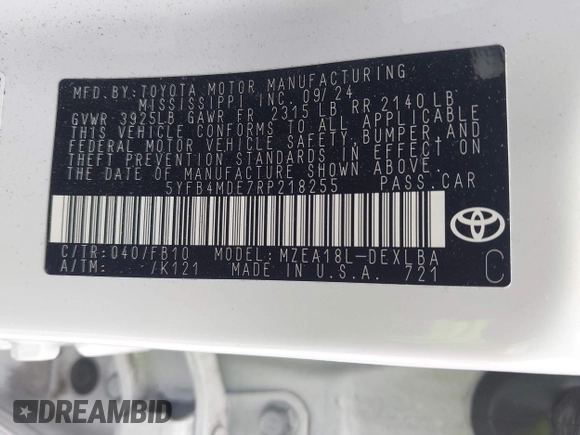 2024 Toyota Corolla LE with VIN 5YFB4MDE7RP218255, listed as a IAAI auction lot 41967077 with 16,662 mi miles and . Bid and sale history available at DreamBid. Image 9.