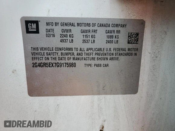 2016 Buick Regal Premium I with VIN 2G4GR5EX7G9175980, listed as a Copart auction lot 55817555 with 133,204 mi miles and Salvage title. Bid and sale history available at DreamBid. Image 12.