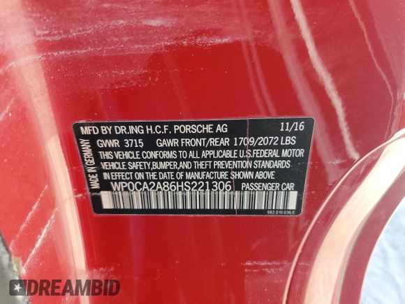 2017 Porsche 718 Boxster z VIN WP0CA2A86HS221306, wystawiony jako Copart lot #76144334 z przebiegiem Nie podano mil oraz Nie do naprawy. Historia ofert i sprzedaży dostępna na DreamBid. Obrazek 13.