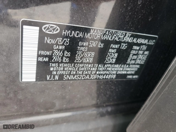 2023 Hyundai Santa Fe SEL with VIN 5NMS2DAJ0PH644898, listed as a Copart auction lot 49543375 with 0 mi miles and Salvage Title. Bid and sale history available at carsss.com. Image 14.