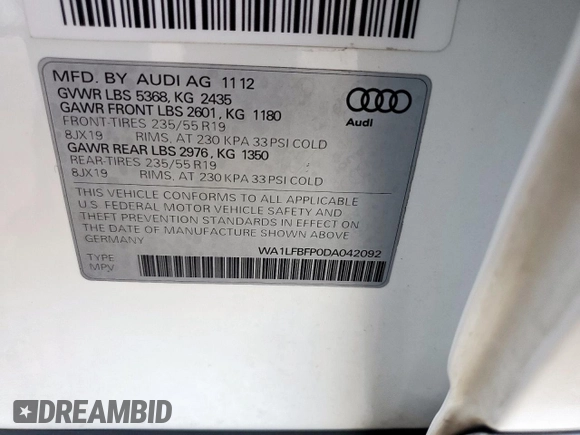 2013 Audi Q5 Premium Plus z VIN WA1LFBFP0DA042092, wystawiony jako Copart lot #57942005 z przebiegiem 119 135 mil mil oraz Szkoda całkowita • Salvage title. Historia ofert i sprzedaży dostępna na DreamBid. Obrazek 13.